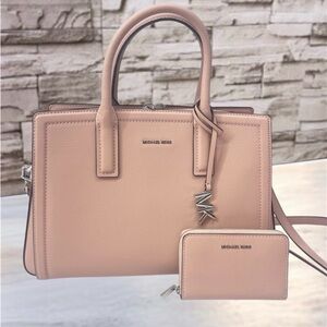 Michael Kors Laila Medium Leather Satchel & Marching Wallet Smoky Rose Pink